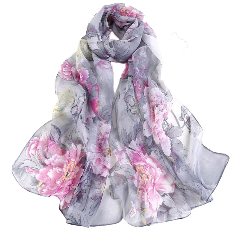 Bird & Peony Print Chiffon Scarf Grey Pink - SKRF