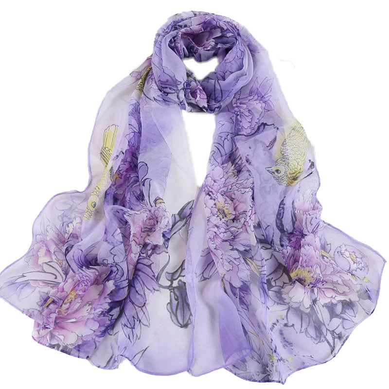 Bird & Peony Print Chiffon Scarf Purple - SKRF