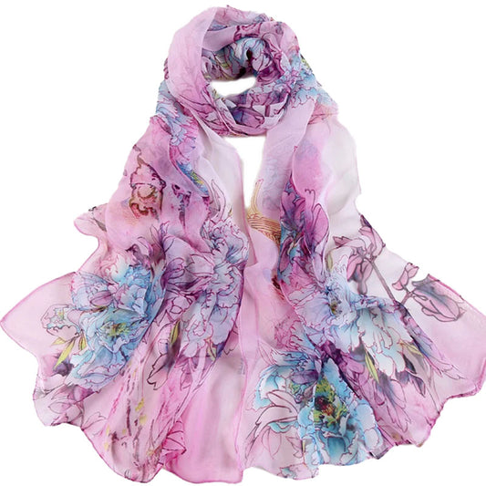 Bird & Peony Print Chiffon Scarf Rose Pink