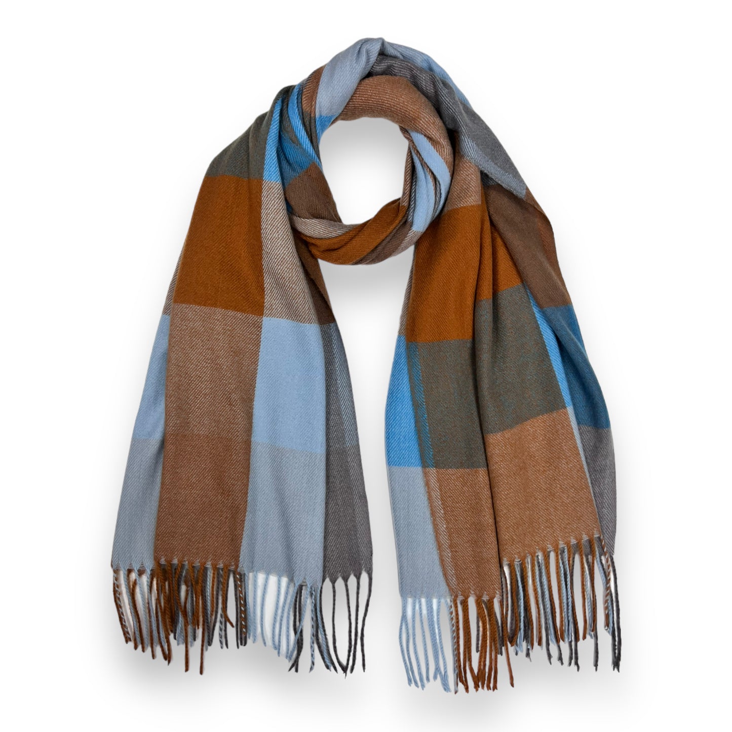 Bold Check Winter Scarf With Tassles Blue Brown - SKRF