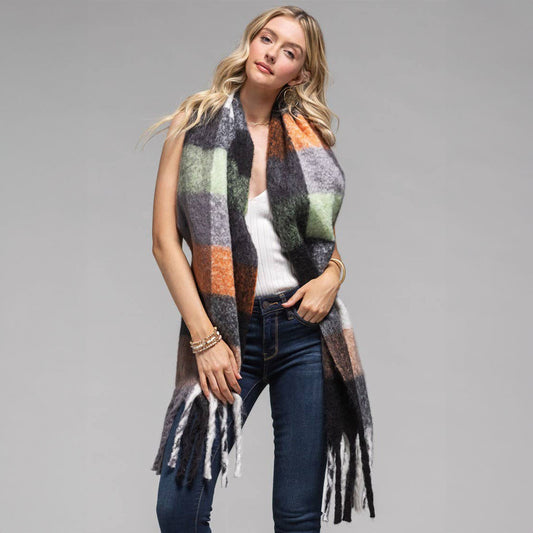 Brushed Plaid Check Oblong Fringe Scarf Black Taupe - SKRF