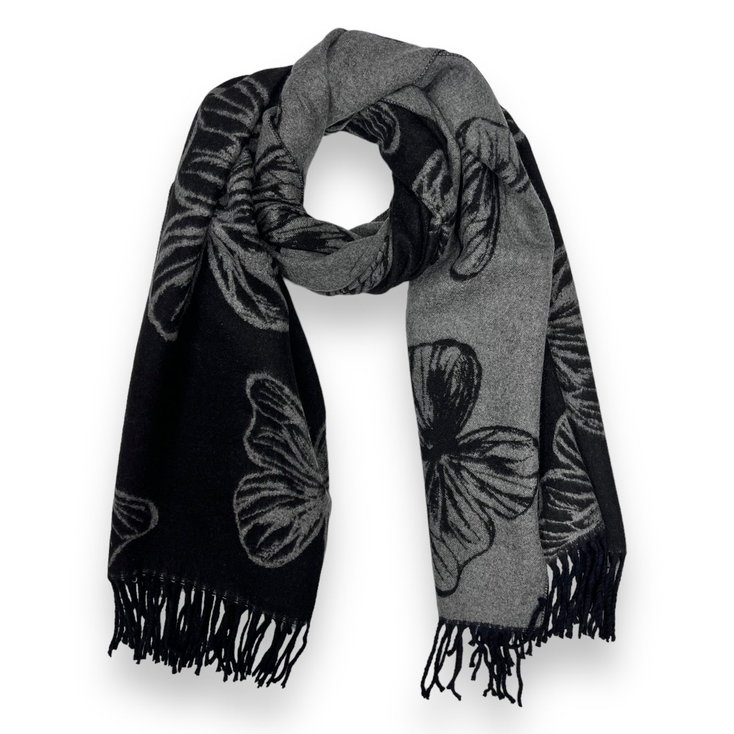 Butterfly Print Cashmere Blend Reversible Winter Scarf Black - SKRF