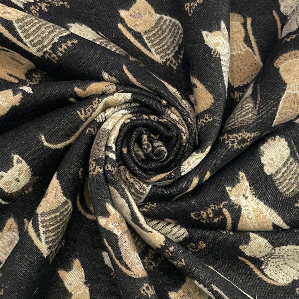 Cat Print Reversible Frayed Black & Taupe Scarf - SKRF