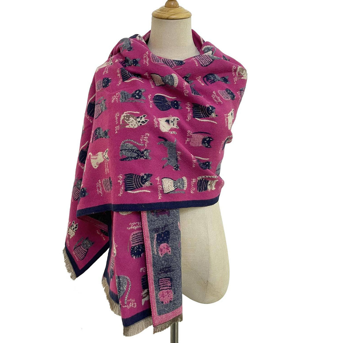 Cat Print Reversible Frayed Fuchsia Pink & Navy Scarf - SKRF