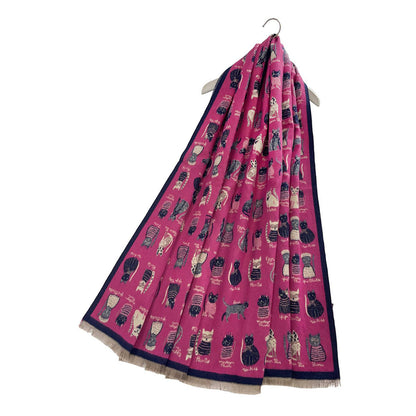 Cat Print Reversible Frayed Fuchsia Pink & Navy Scarf - SKRF