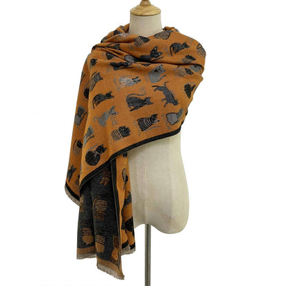 Cat Print Reversible Frayed Orange & Grey Scarf - SKRF