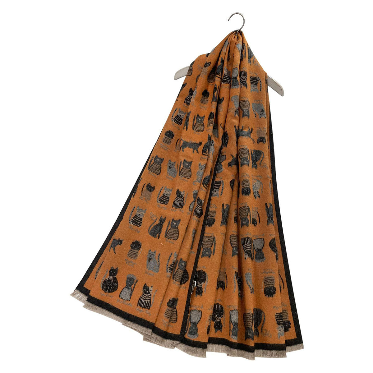 Cat Print Reversible Frayed Orange & Grey Scarf - SKRF