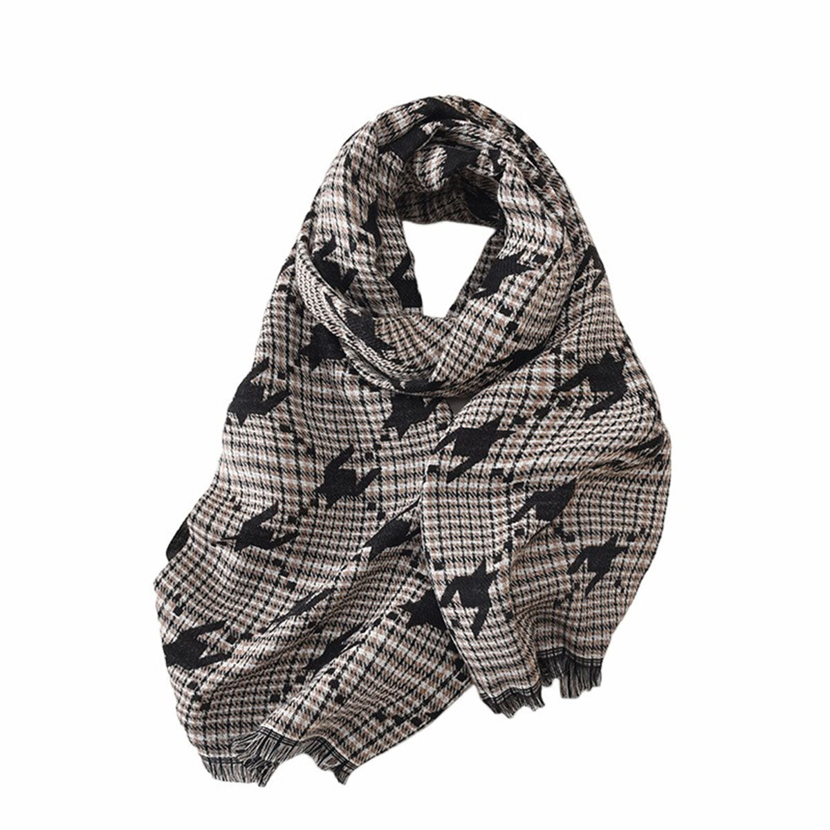 Contrast Colour Black Brown Houndstooth Warm Shawl Scarf - SKRF