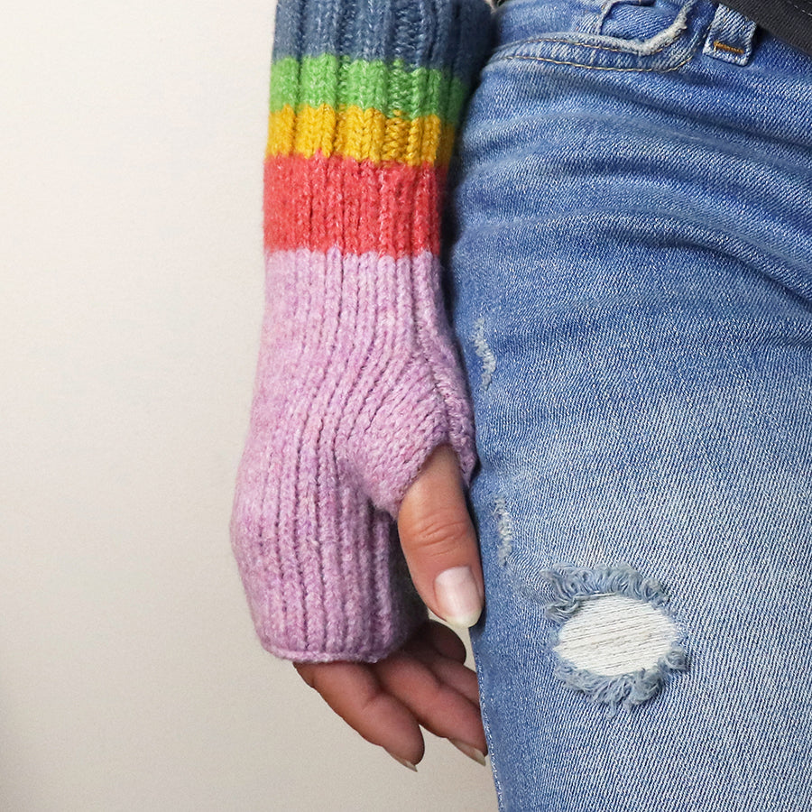 Fingerless Gloves Lilac Stripe Edge Wrist Warmers