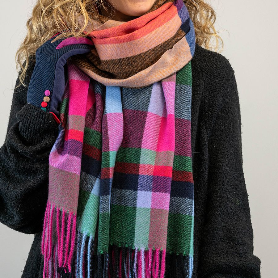 Fringed Check Scarf Orange Navy Mix - SKRF