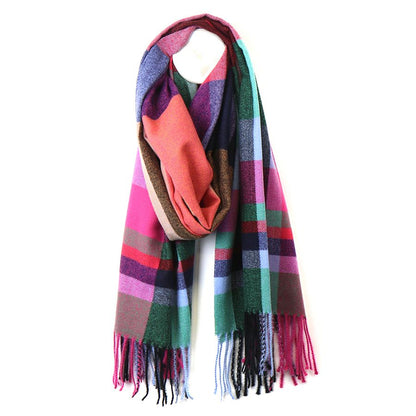 Fringed Check Scarf Orange Navy Mix - SKRF