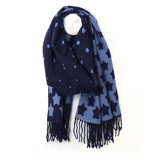 Fringed Scarf Navy Mix Graduated Star - SKRF