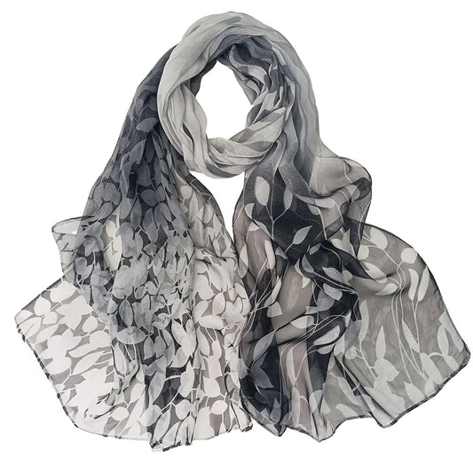 Gradient Willow Leaf Print Chiffon Scarf Black Grey - SKRF