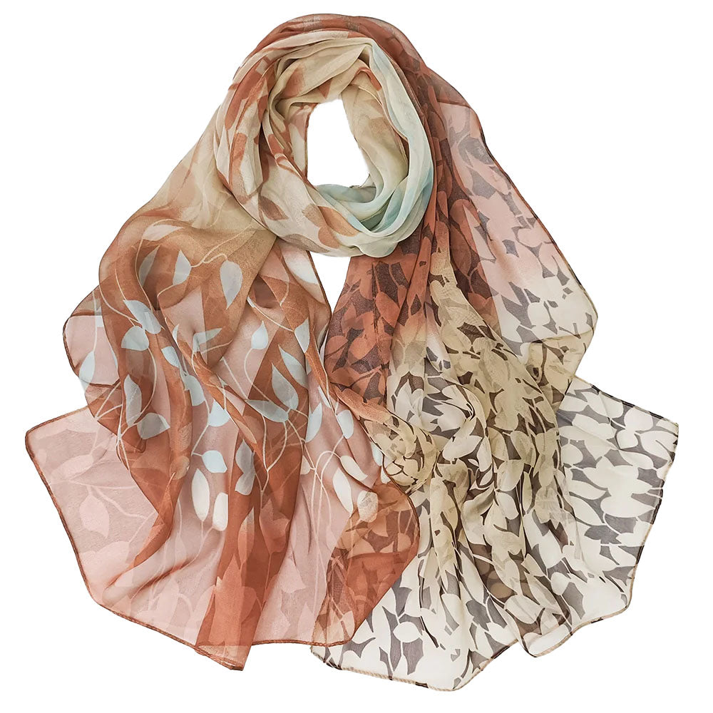 Gradient Willow Leaf Print Chiffon Scarf Coffee Brown - SKRF