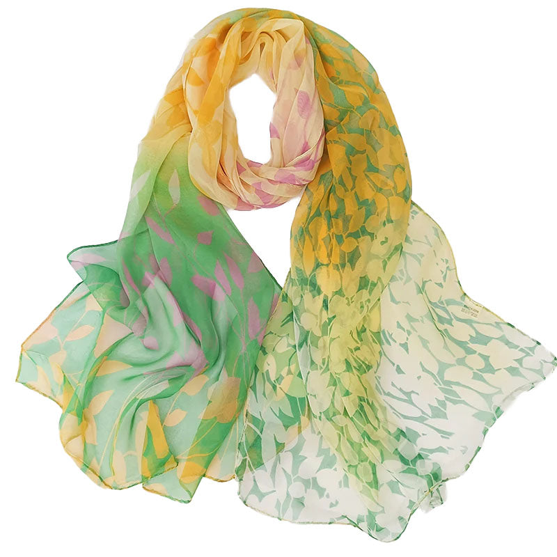 Gradient Willow Leaf Print Chiffon Scarf Green Yellow - SKRF