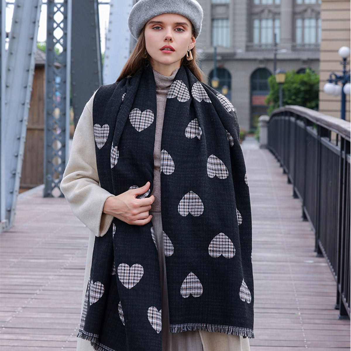 Heart Printed Plaid Tasseled Thick Warm Shawl Scarf - SKRF