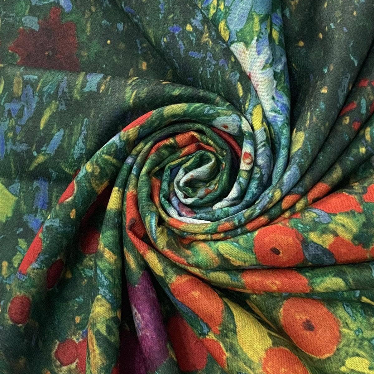 Klimt Style Green 'Flower Garden' Print Wool Mix Tassel Scarf - SKRF