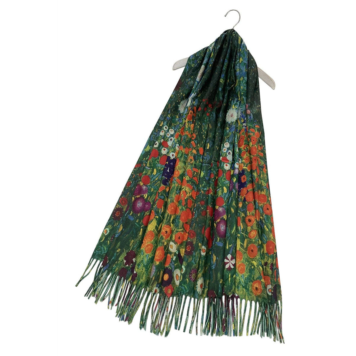 Klimt Style Green 'Flower Garden' Print Wool Mix Tassel Scarf - SKRF