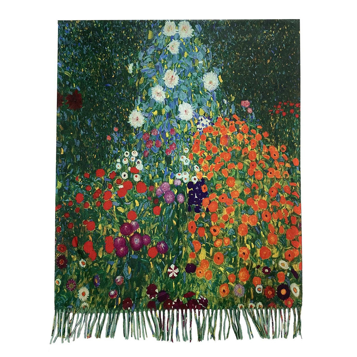 Klimt Style Green 'Flower Garden' Print Wool Mix Tassel Scarf - SKRF