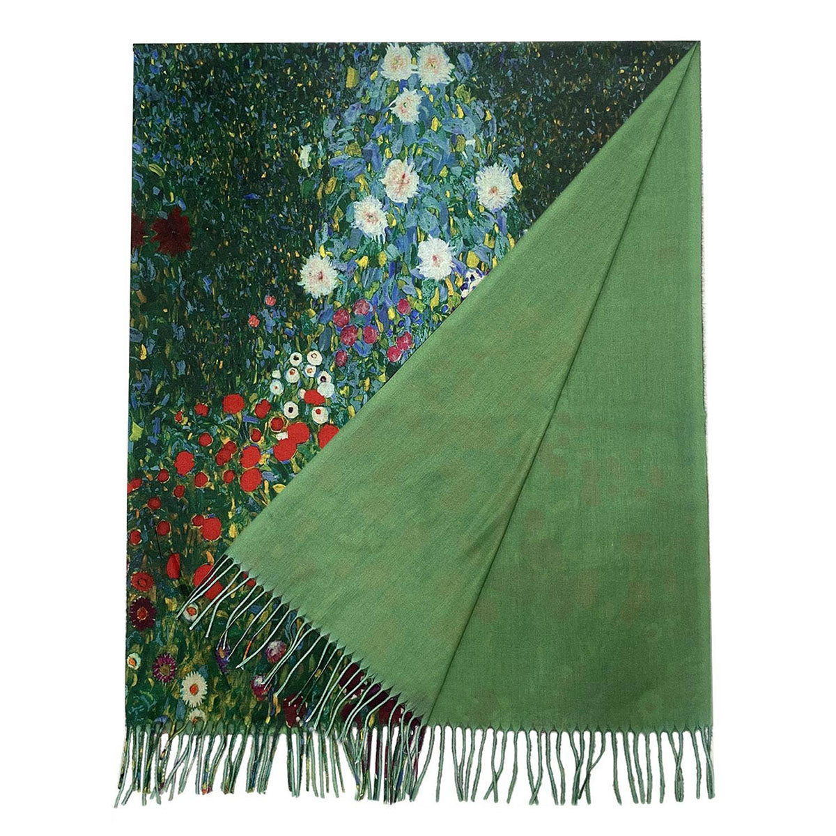 Klimt Style Green 'Flower Garden' Print Wool Mix Tassel Scarf - SKRF