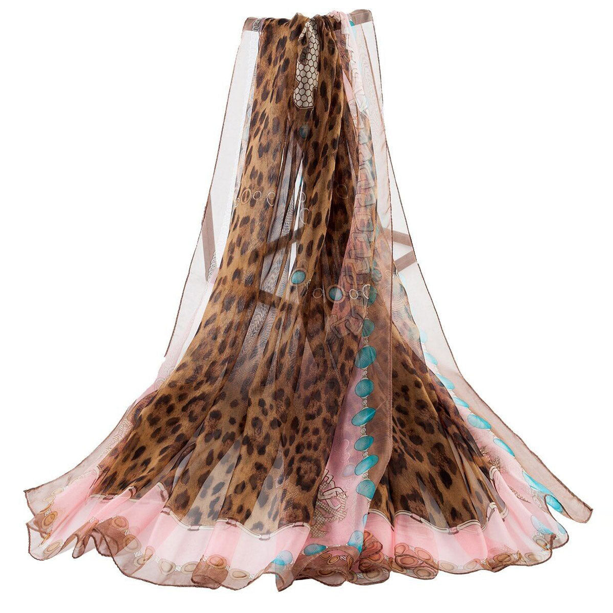 Leopard Brown Animal Print Light Pink Edged Chiffon Scarf - SKRF