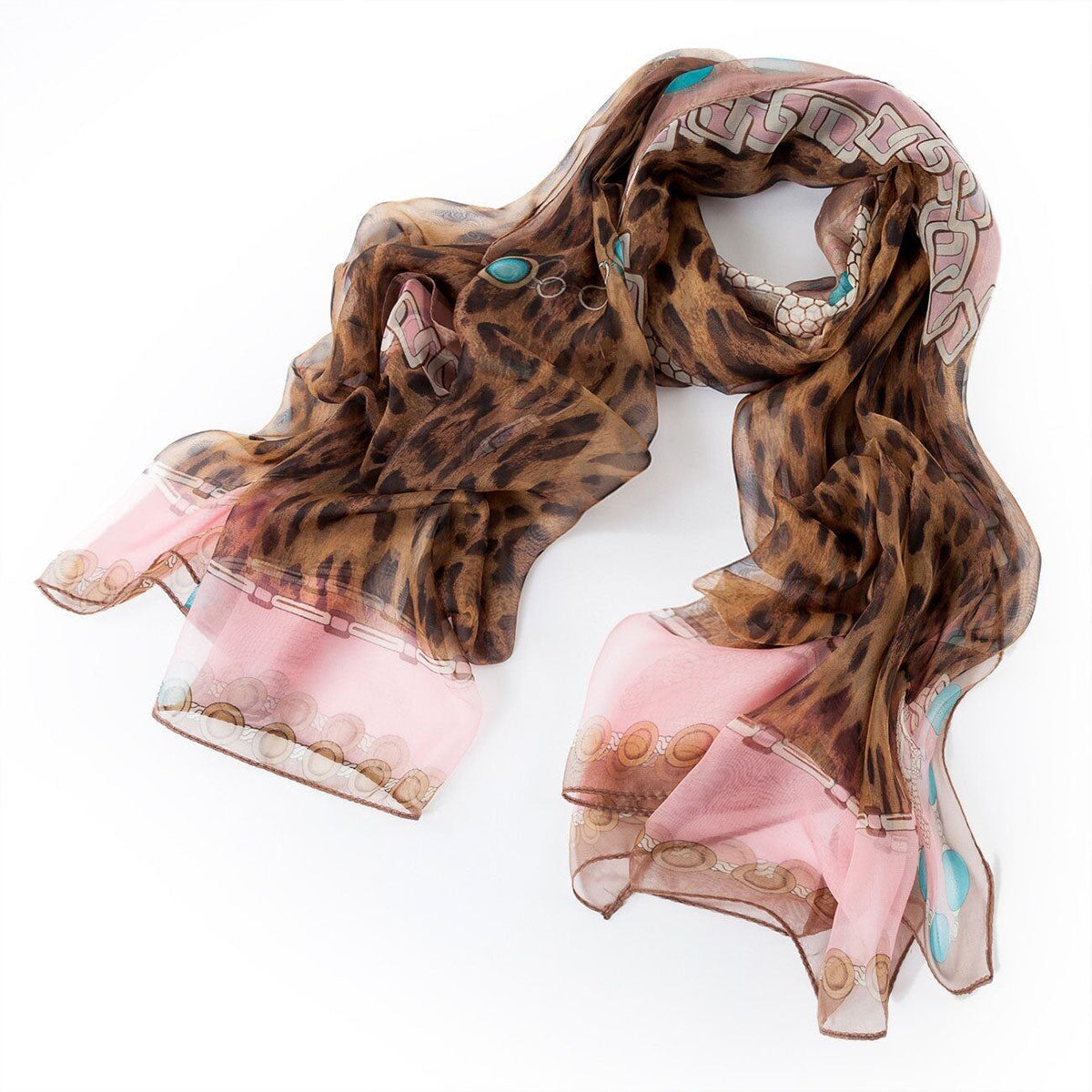 Leopard Brown Animal Print Light Pink Edged Chiffon Scarf - SKRF