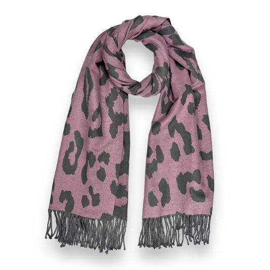 Leopard Print Cashmere Blend Scarf With Tassles Pink - SKRF