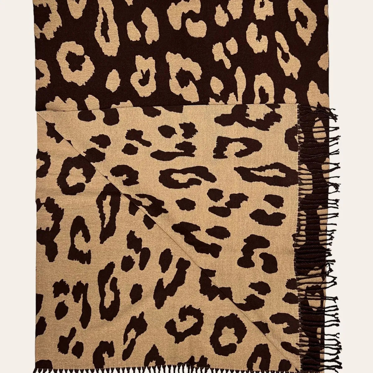 Leopard Print Cashmere Blend Winter Scarf With Tassles Brown - SKRF