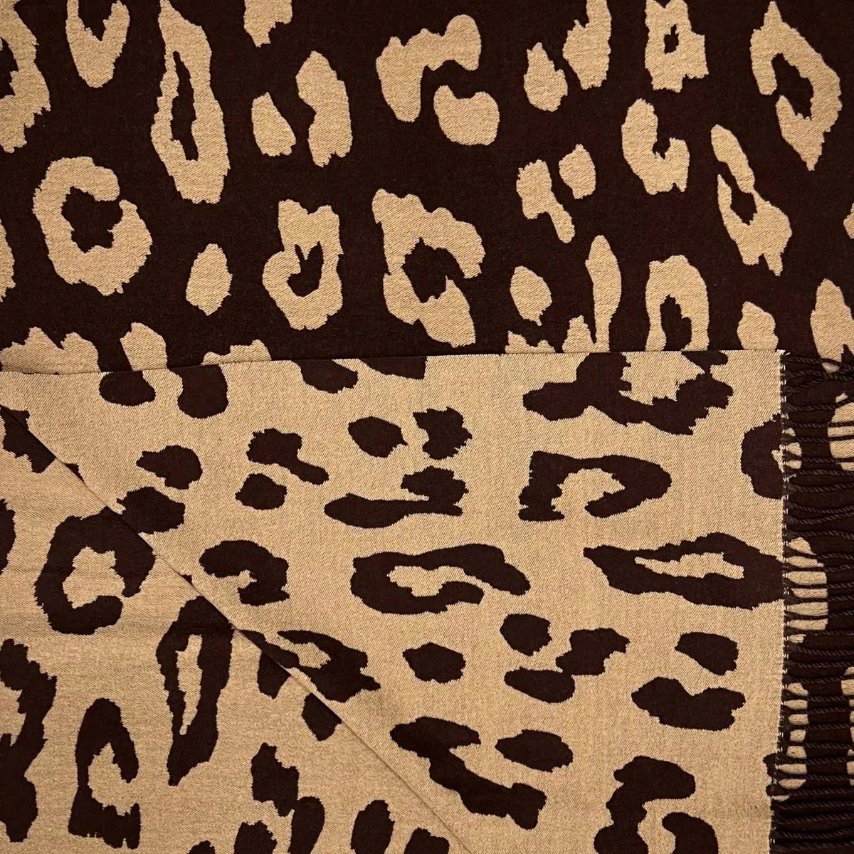 Leopard Print Cashmere Blend Winter Scarf With Tassles Brown - SKRF