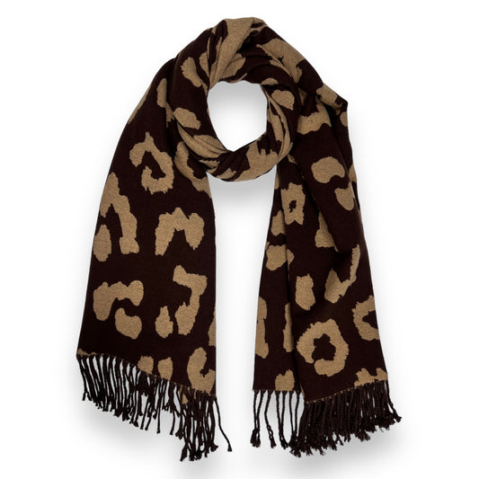 Leopard Print Cashmere Blend Winter Scarf With Tassles Brown - SKRF