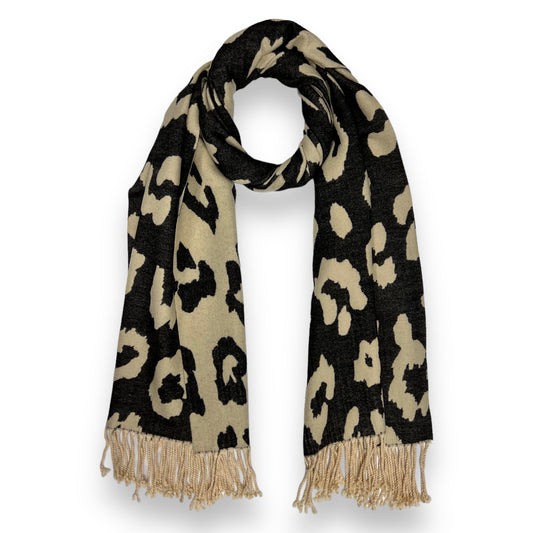 Leopard Print Cashmere Blend Winter Scarf With Tassles Cream - SKRF