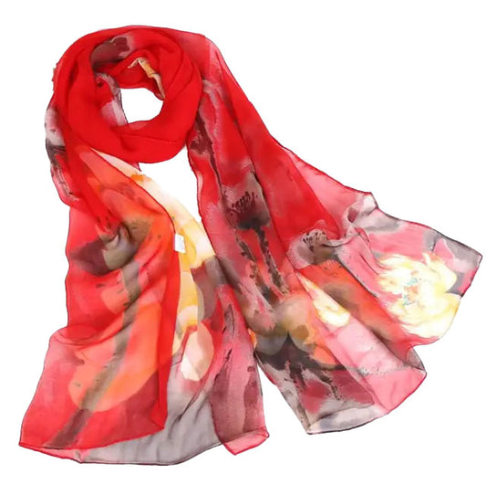 Lotus Flower & Leaf Print Chiffon Scarf Red