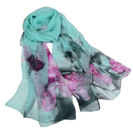 Lotus Flower & Leaf Print Chiffon Scarf Sea Green - SKRF