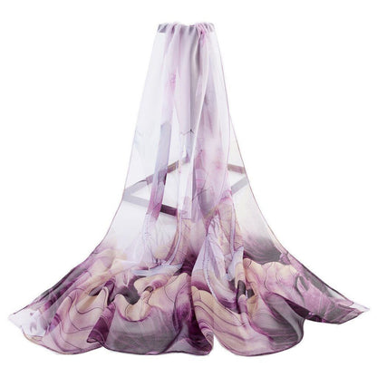 Lotus Flower & Leaves Purple Lemon Print Chiffon Scarf - SKRF