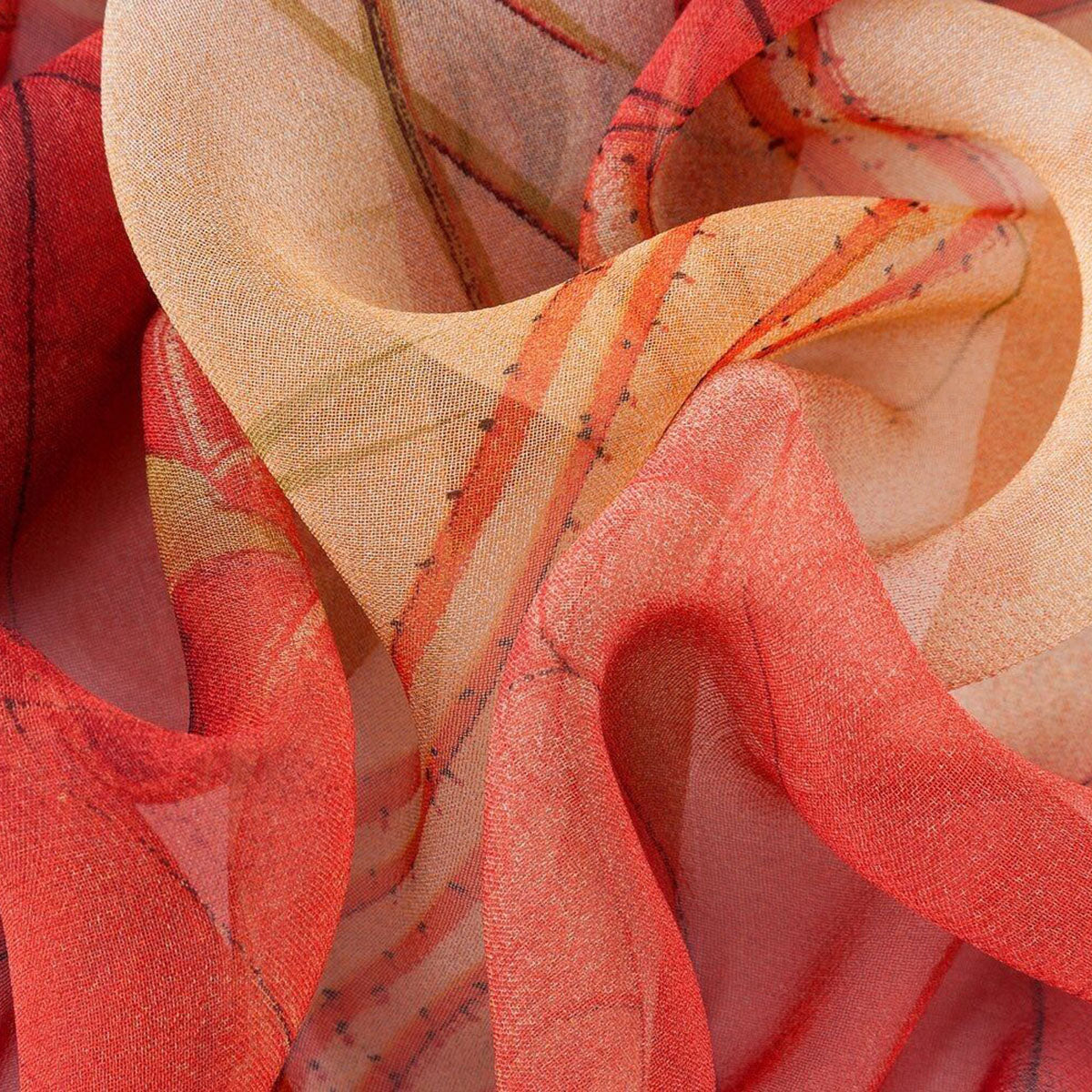 Lotus Flower & Leaves Red Gold Print Chiffon Scarf - SKRF