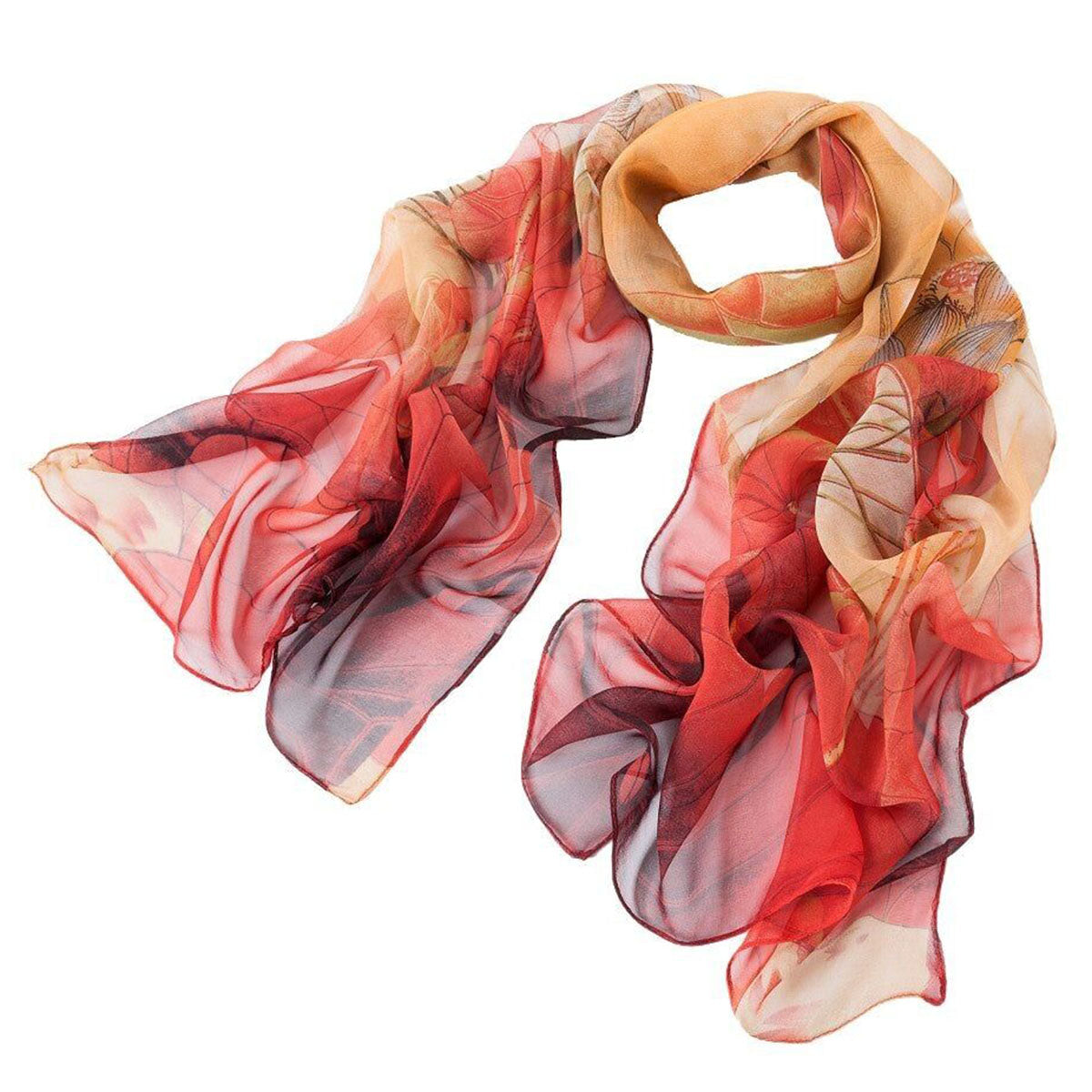 Lotus Flower & Leaves Red Gold Print Chiffon Scarf - SKRF