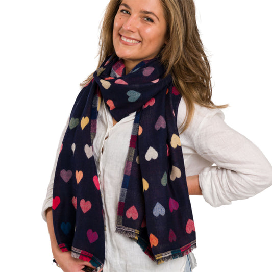 Multicolour Hearts Reversible Check Scarf Navy - SKRF