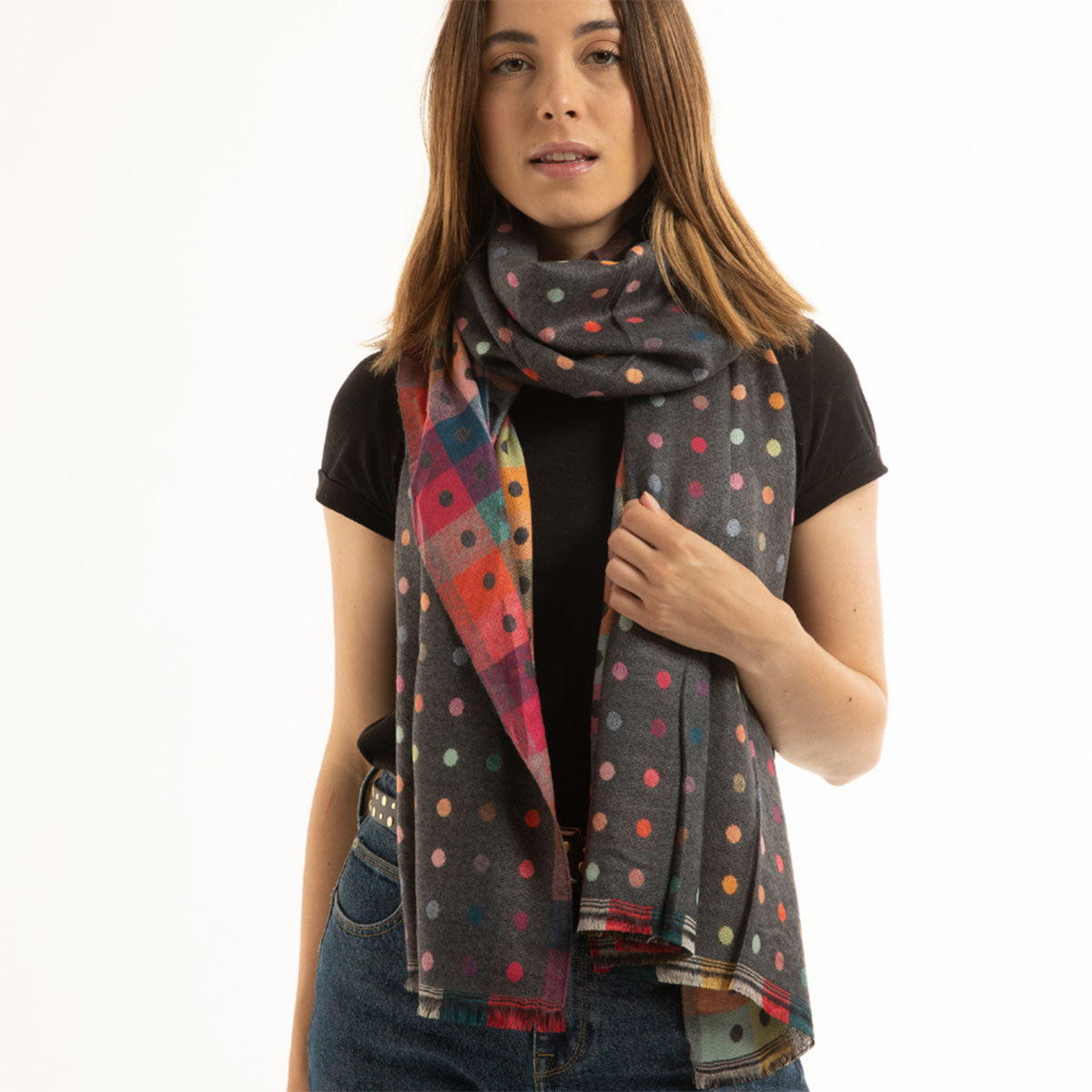 Multicolour Polka Dot Reversible Check Scarf Grey - SKRF