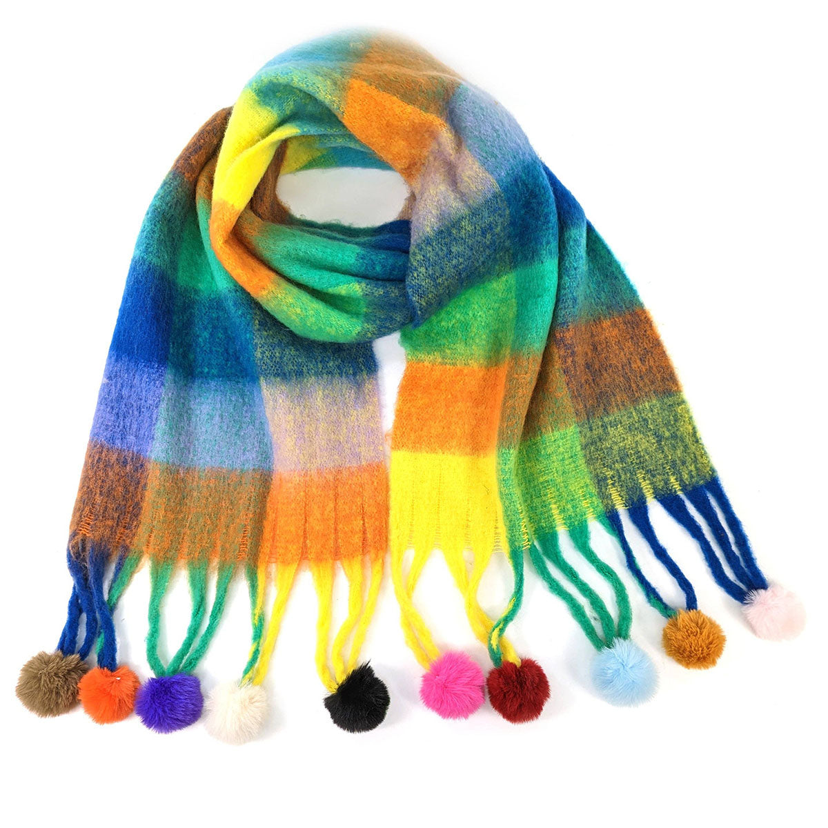 Neon Pom Pom Green Multicolour Blanket-Style Scarf - SKRF