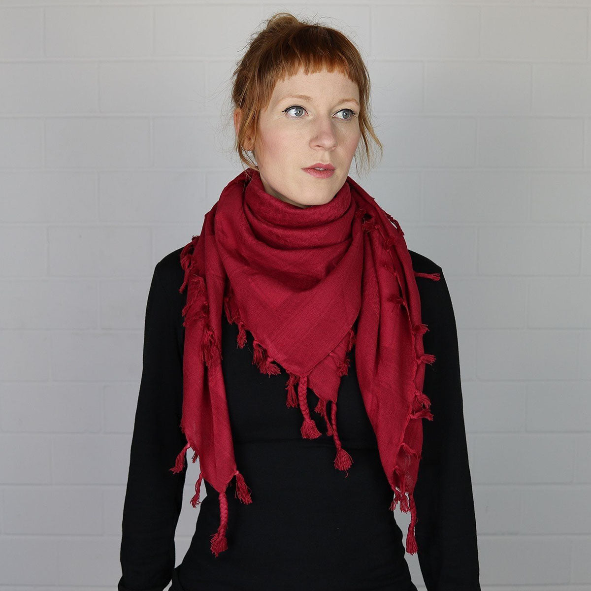 Pali Kufiya Style Burgundy Red Tassel Scarf - SKRF