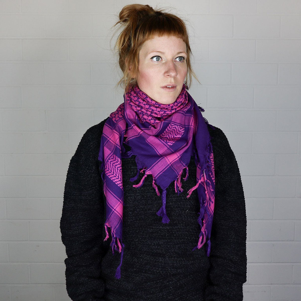 Pali Kufiya Style Purple Pink Tassel Scarf - SKRF