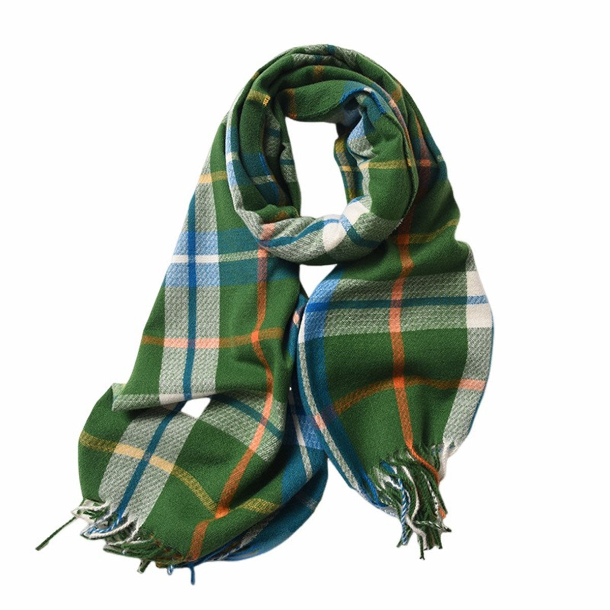 Plaid Check Green Orange Tassel Shawl Scarf - SKRF