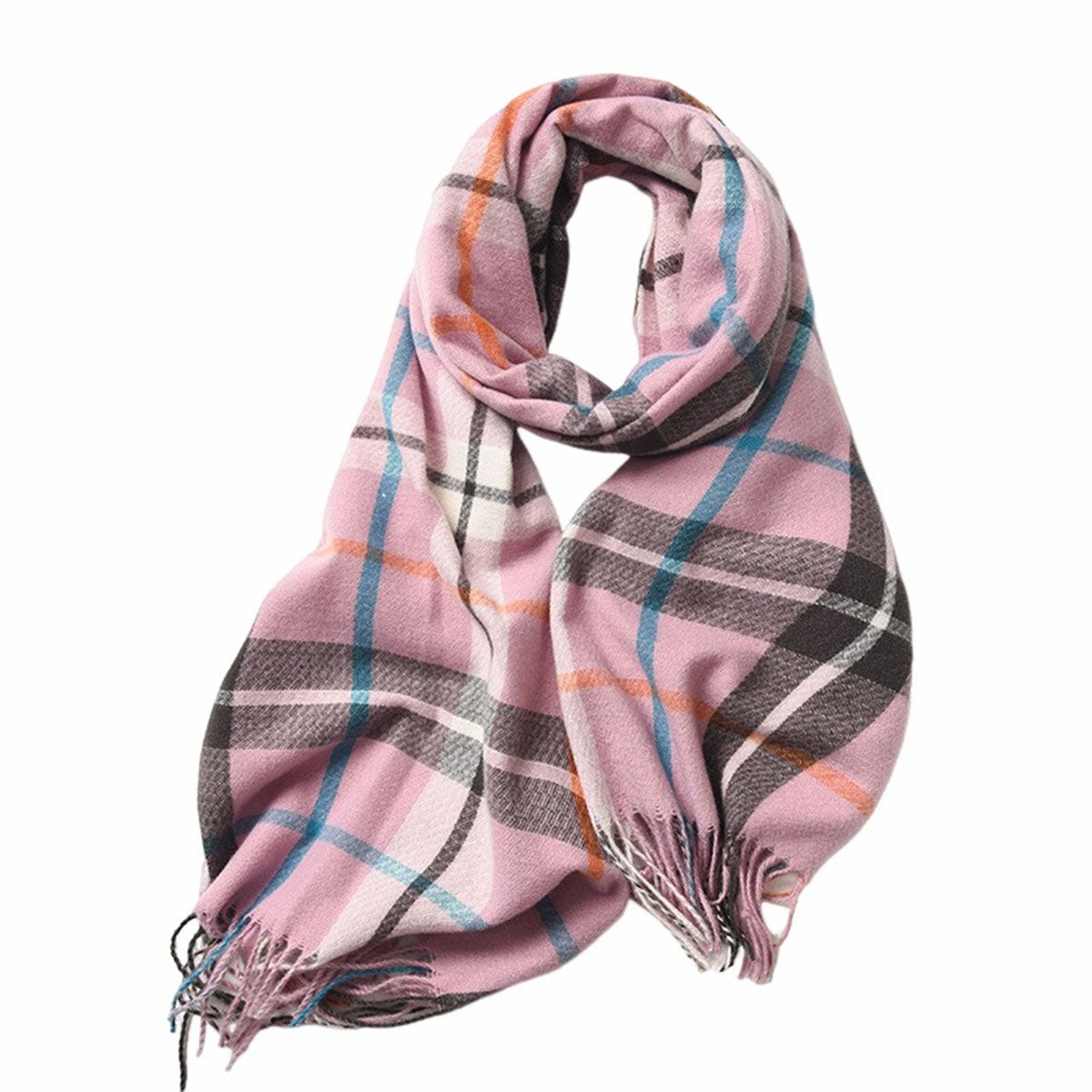 Plaid Check Pink Tassel Shawl Scarf - SKRF