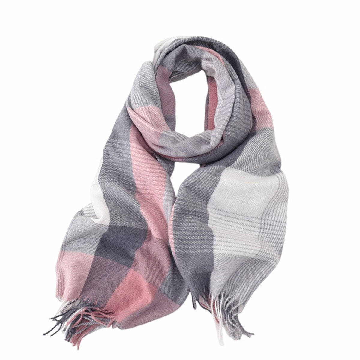 Plaid Check Pink Tassel Warm Shawl Scarf - SKRF