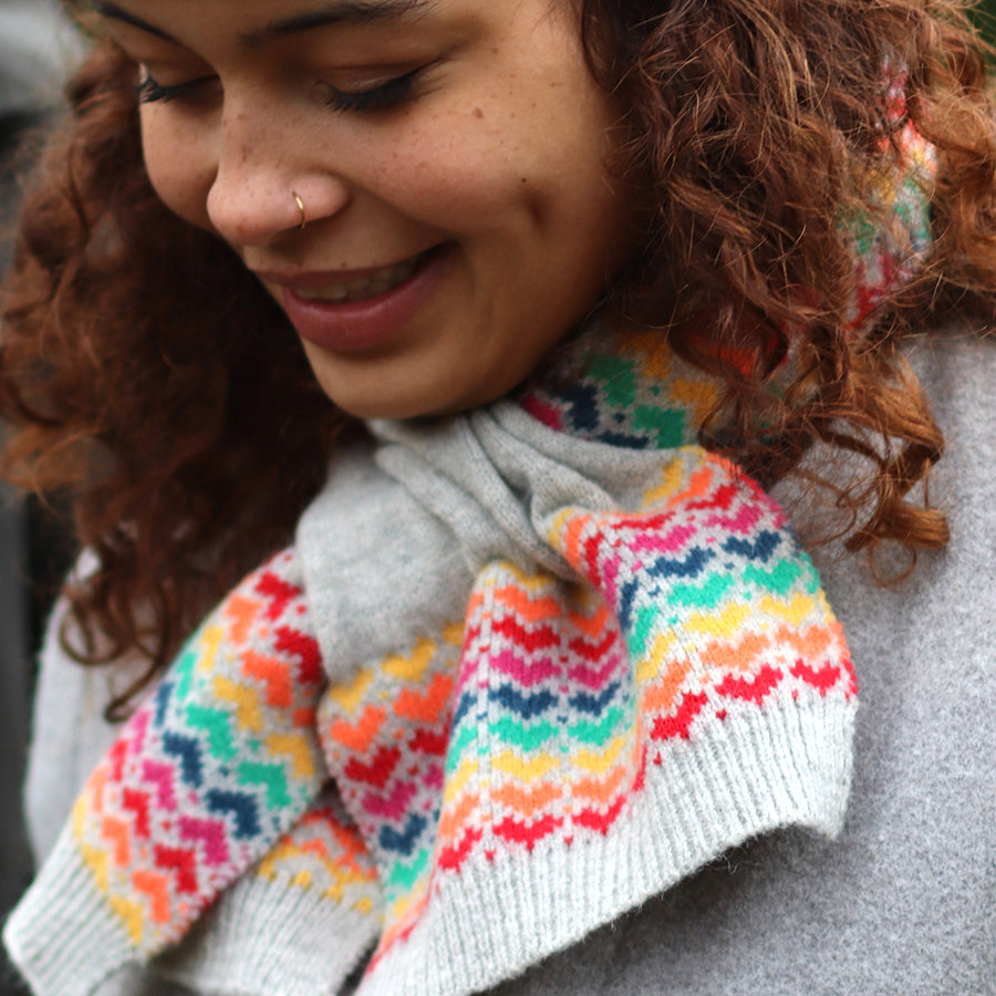 Rainbow Heart Scarf Grey Wool Blend Pull Through - SKRF