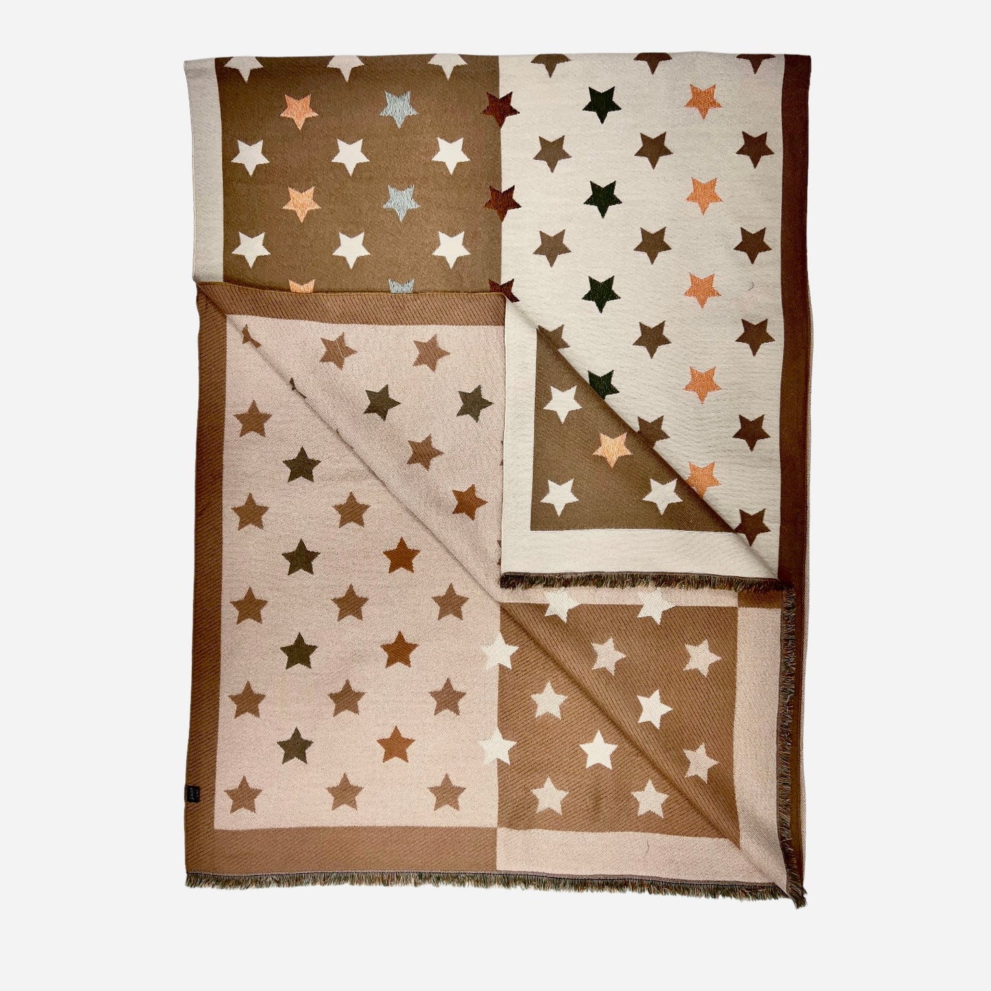 Reversible Star Print Scarf With Fringe Mocha Brown - SKRF