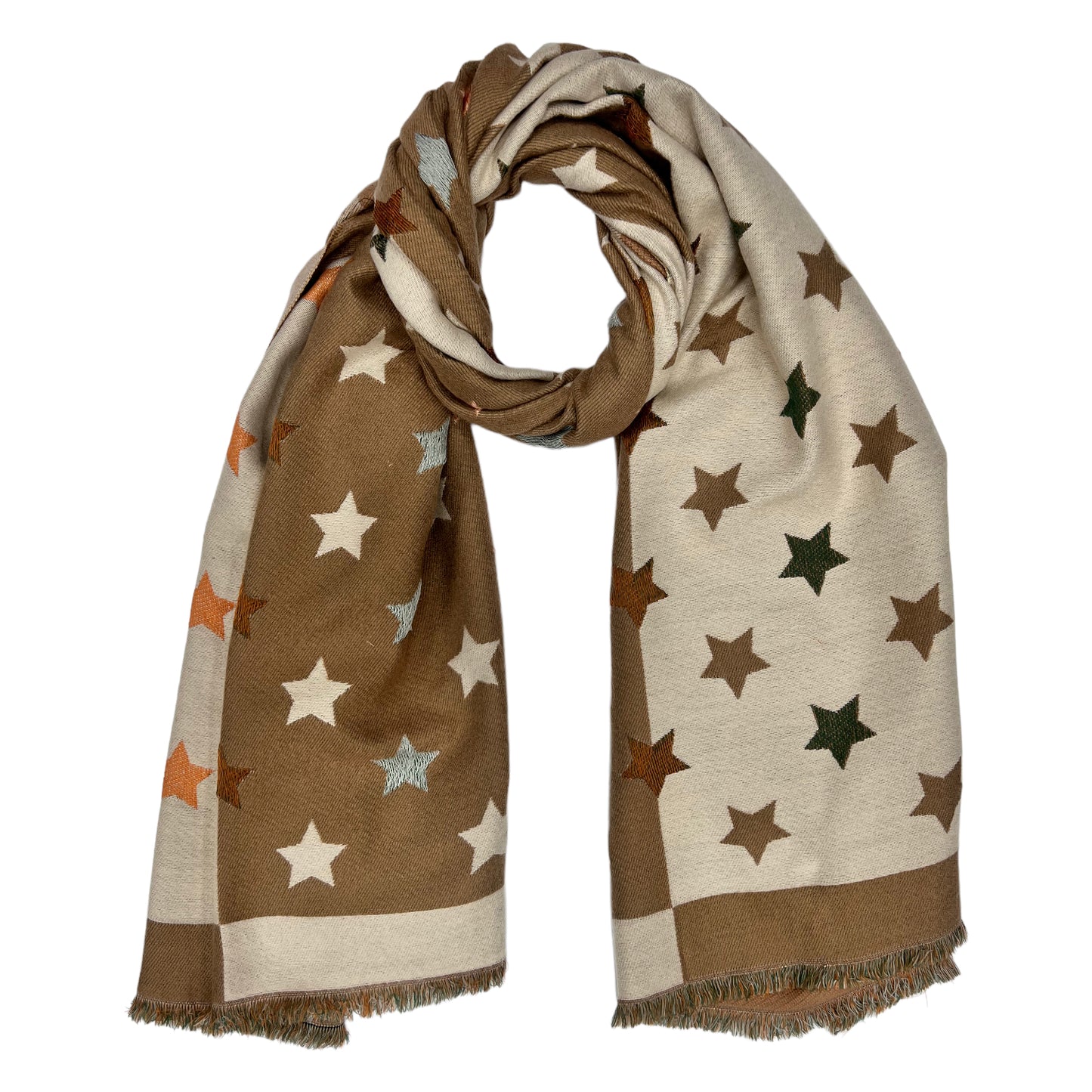 Reversible Star Print Scarf With Fringe Mocha Brown - SKRF