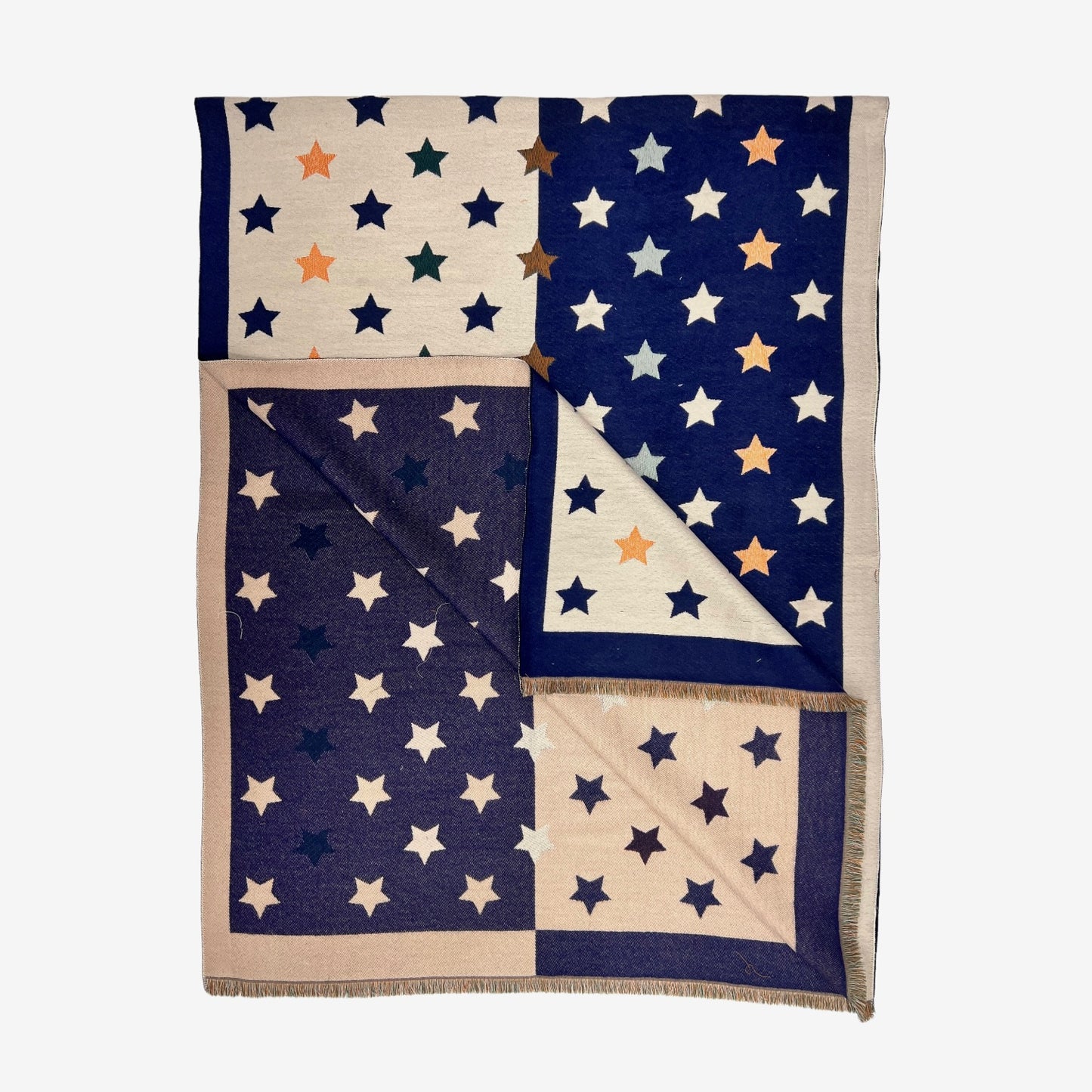 Reversible Star Print Scarf With Fringe Navy - SKRF