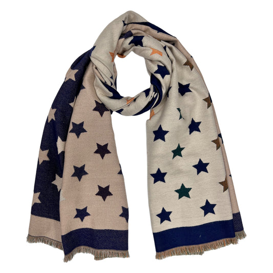 Reversible Star Print Scarf With Fringe Navy - SKRF