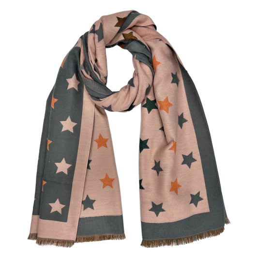 Reversible Star Print Scarf With Fringe Pink